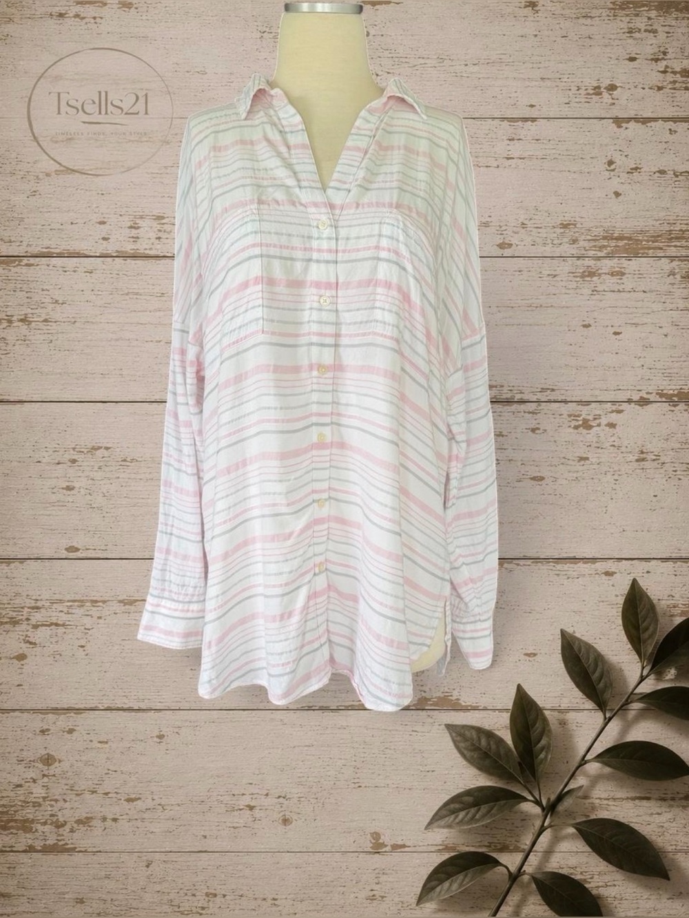 LOFT White Pink & Grey Striped Button-up Shirt